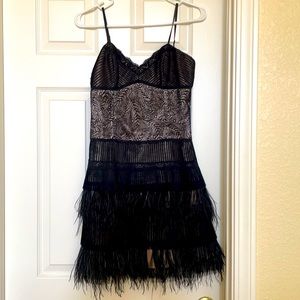 BCBG black lace and feather dress